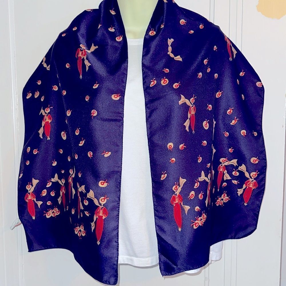 Vtg Transform‎ dark purply blue polyester scarf with person in red outfit print